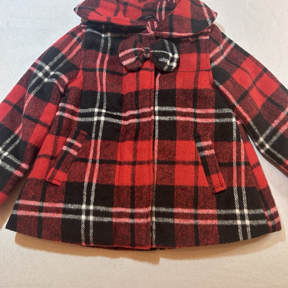 London Fog Girls 12 Mo Red Plaid Hooded‎ Peacoat Zipper Bow Winter Jacket